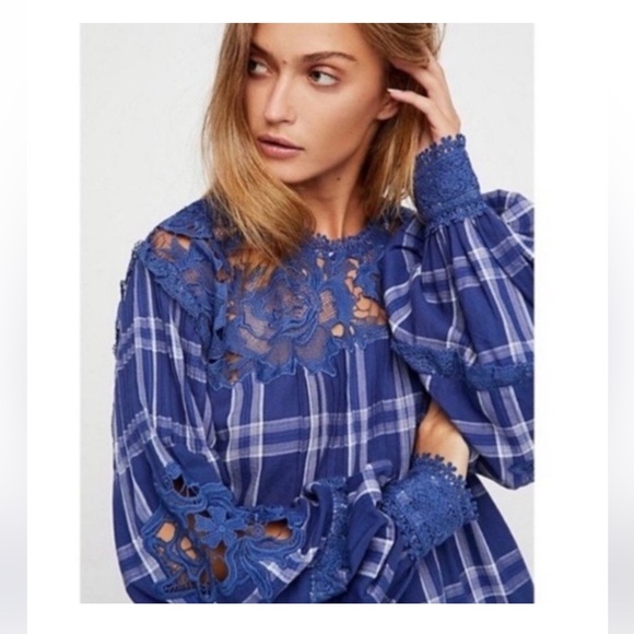 Free People Darling Diane Plaid Balloon Sleeve Lace Top w Measurements! Size M - Picture 1 of 13